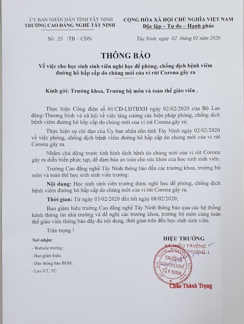 Về việc cho HSSV nghỉ học để phòng, chống dịch bệnh viêm đường hô hấp cấp do chủng mới của virus Corona gây ra